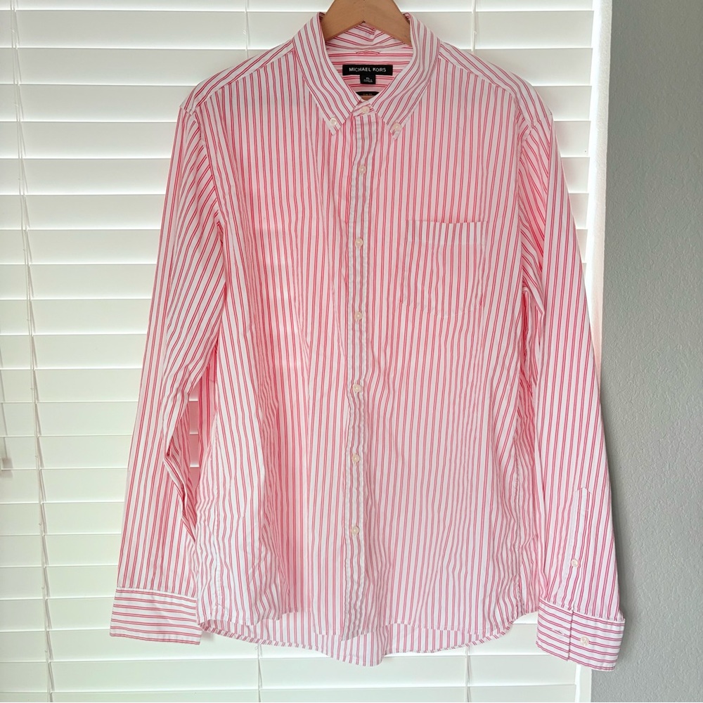 Michael Kora Mens Button Down Casual Shirt Long Sleeve Red White Stripes Size XL